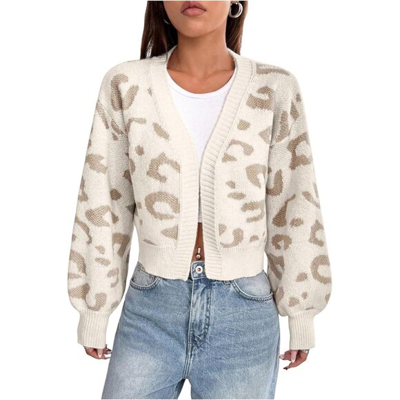Women's Cropped Leopard Print Cardigan Long Sleeve Oversized Trendy Sweater - Picture 2 of 5